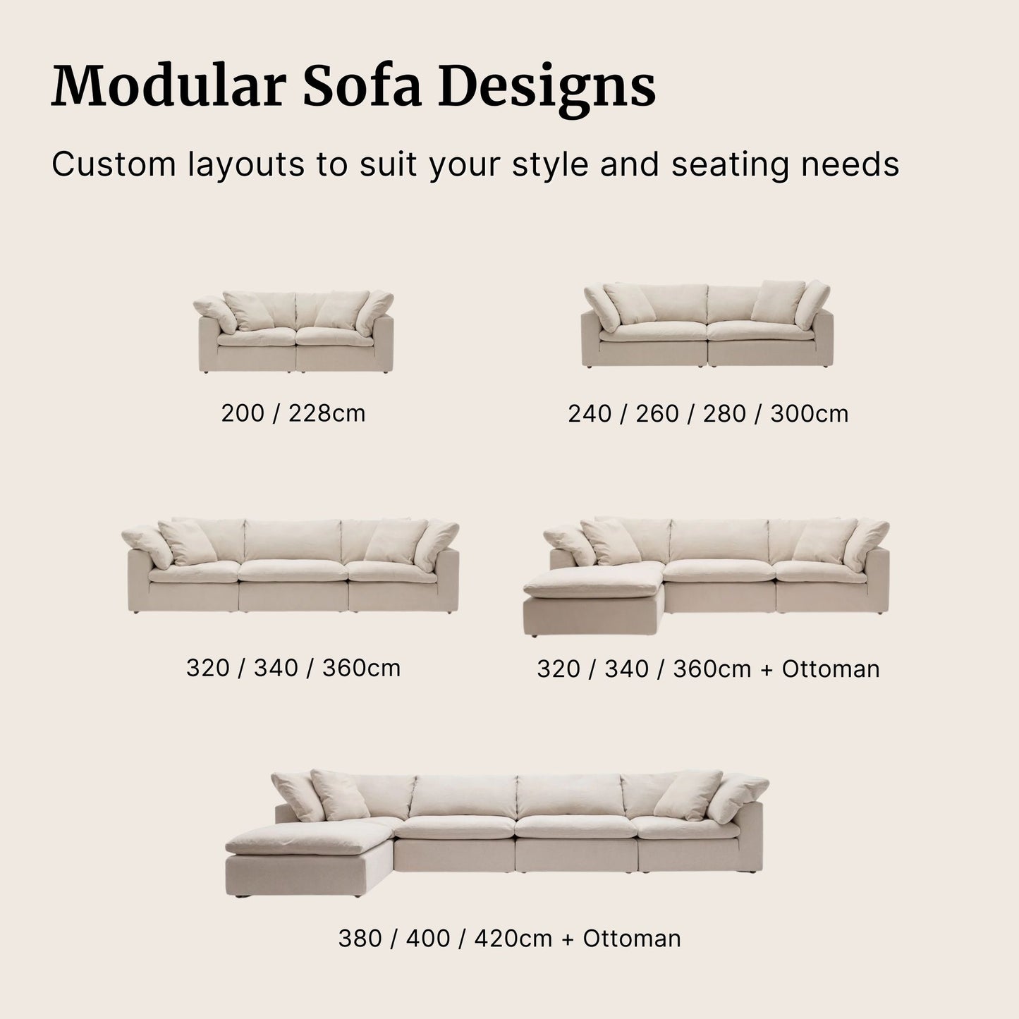Cloud sofa modular designs options available show in beige colour 
