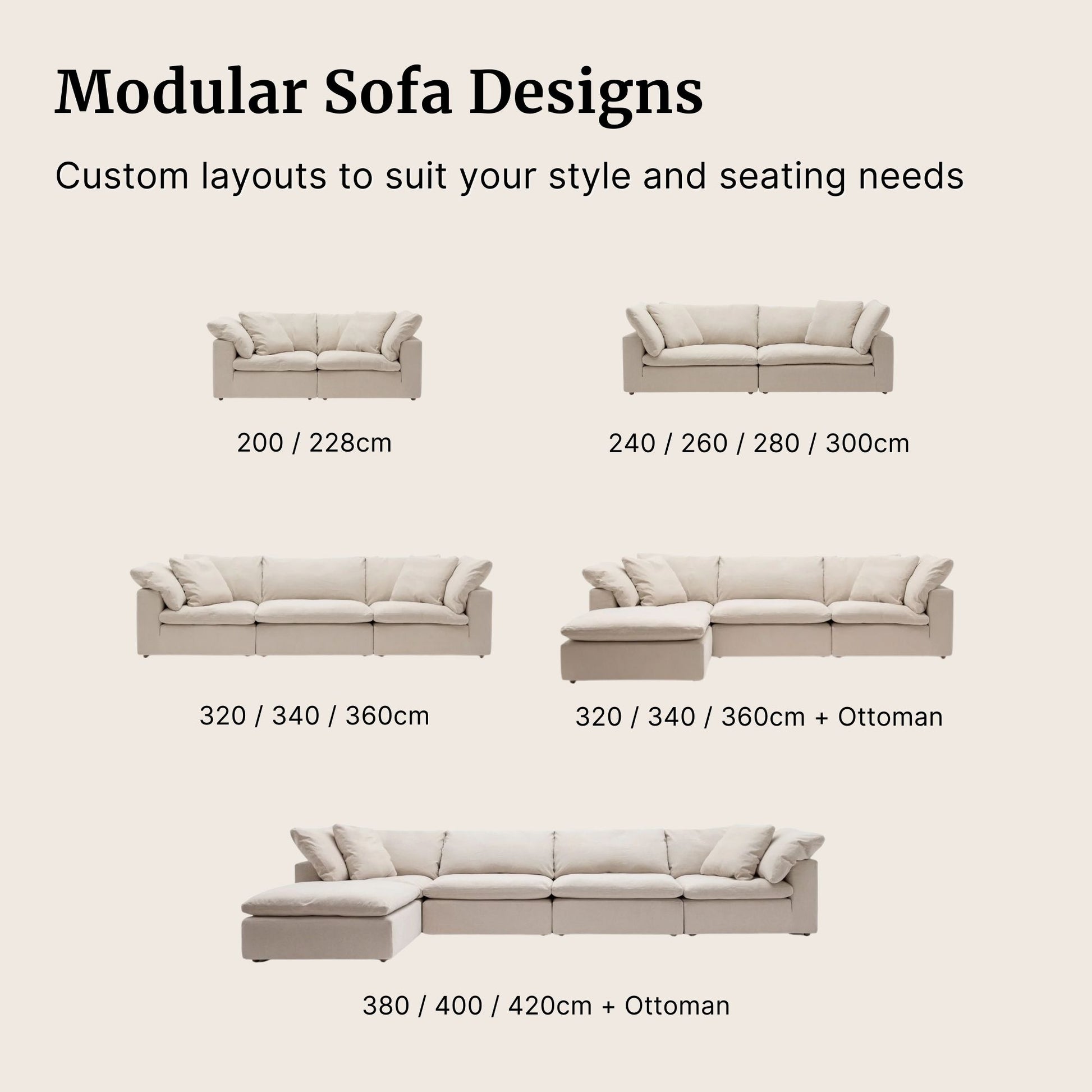 Cloud sofa modular designs options available show in beige colour 