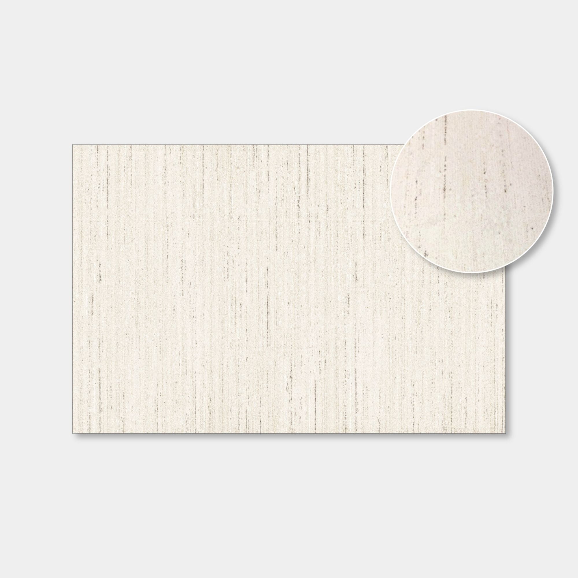 A rectangular cream-colored rug with a vertical linen-like texture, shown on a light gray background with a circular inset detail of the fabric texture.