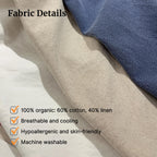 Close-up of fabric swatches in beige, white, and blue with text detailing fabric properties.