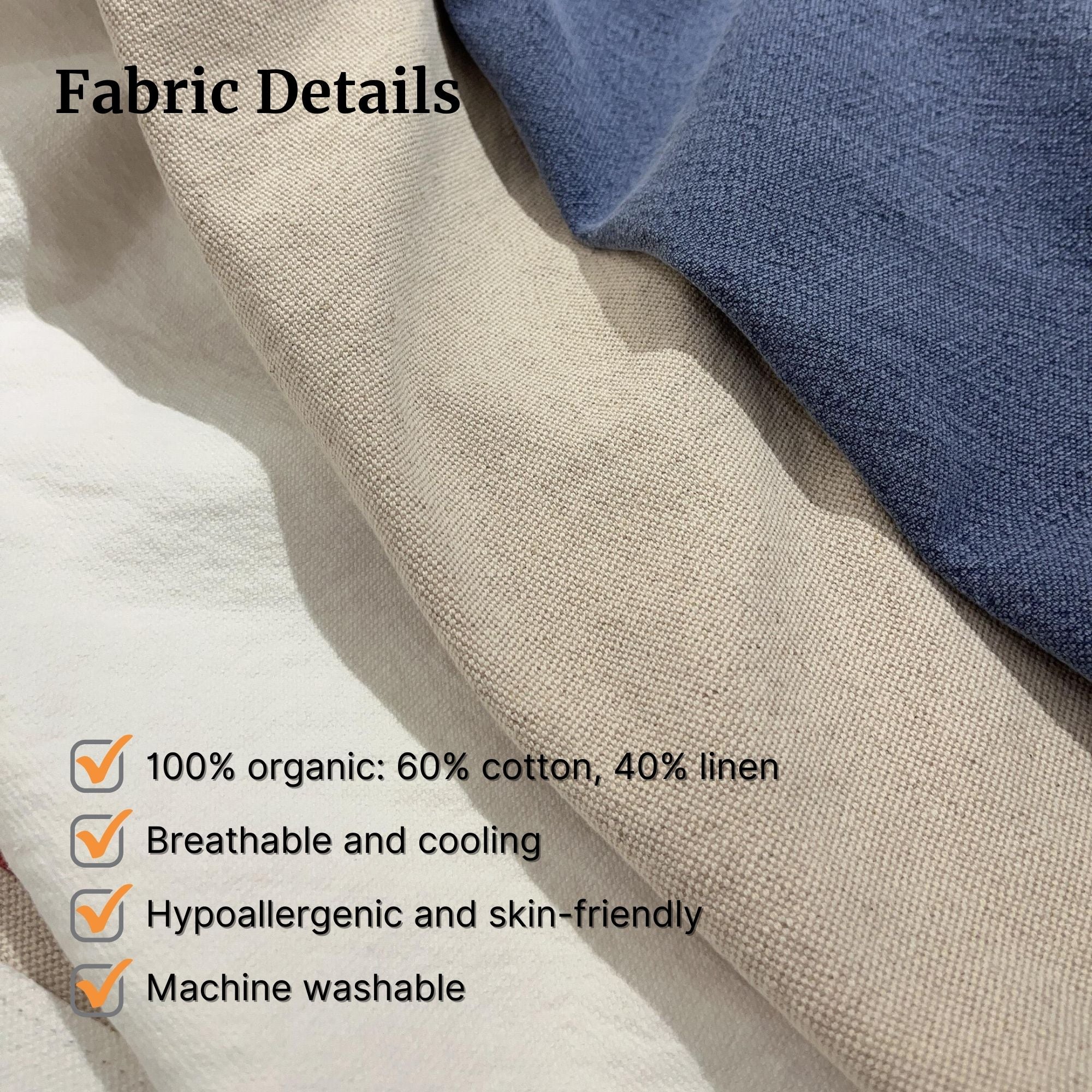 Close-up of fabric swatches in beige, white, and blue with text detailing fabric properties.