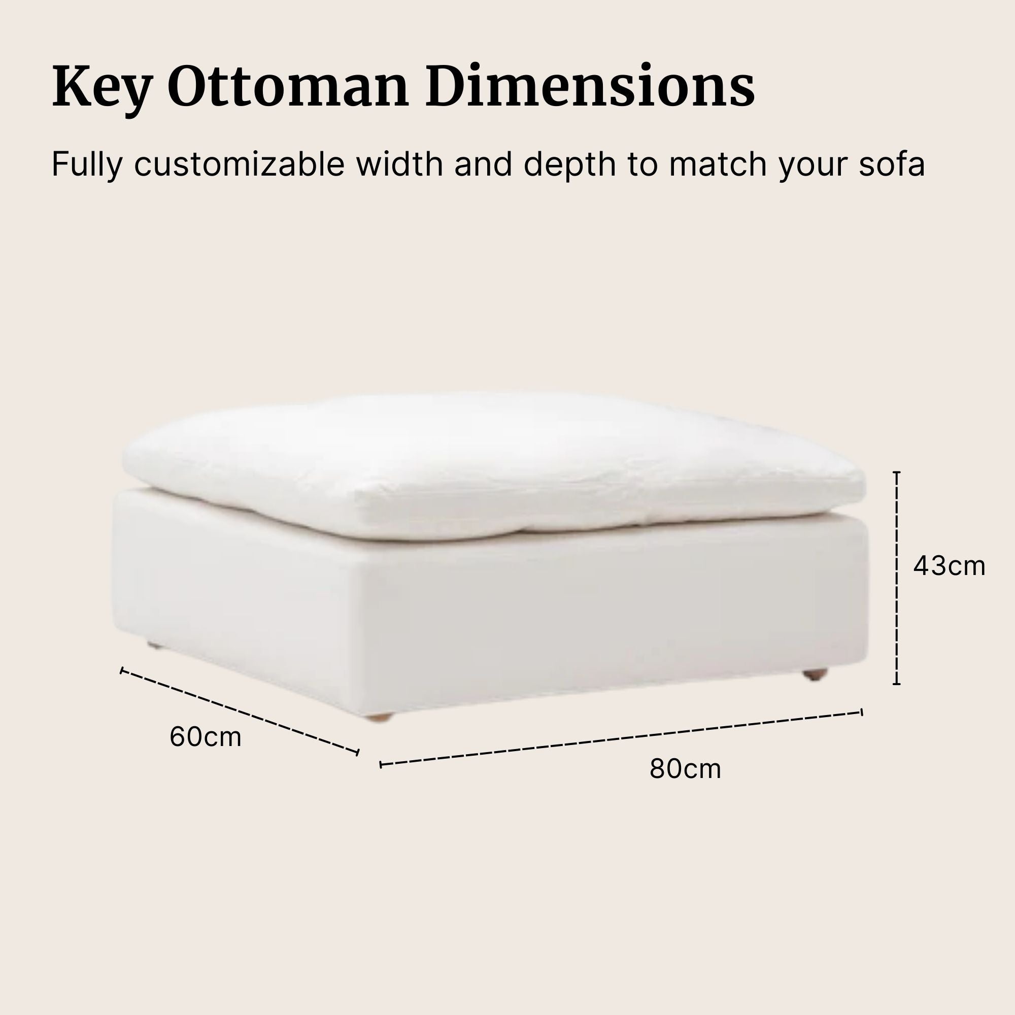 White ottoman with dimensions labeled on a beige background