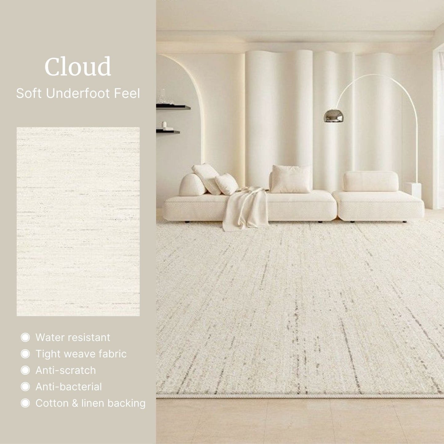 Modern living room with a white sofa on a textured white floor, featuring text about flooring properties.