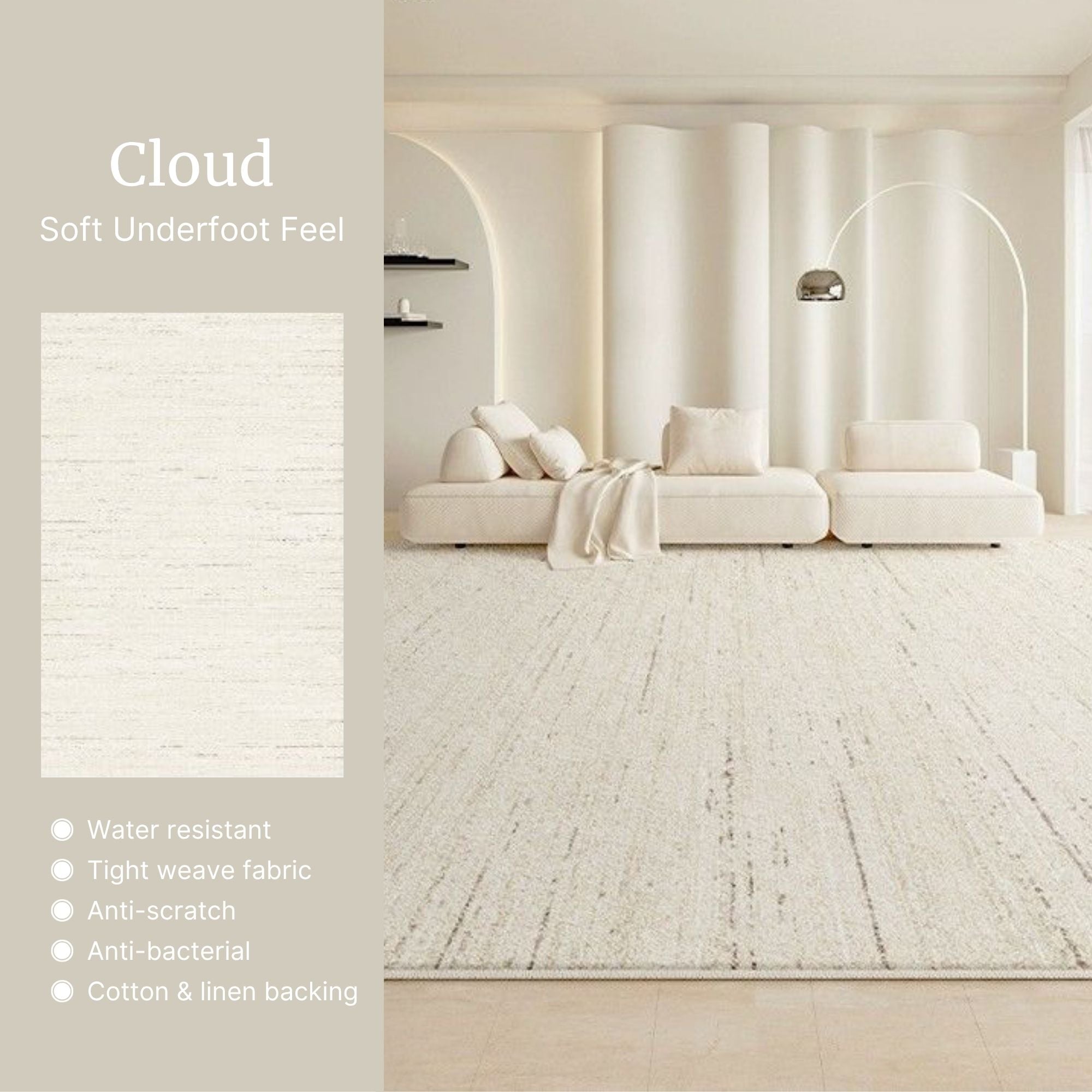 Modern living room with a white sofa on a textured white floor, featuring text about flooring properties.