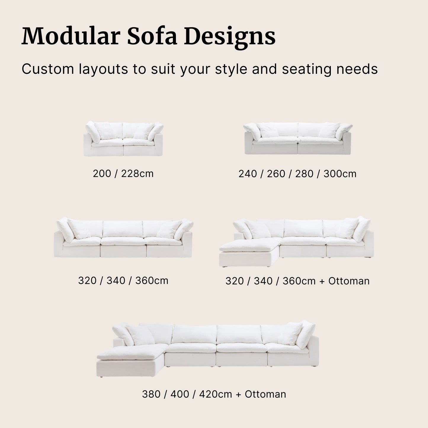 Available modular sofa designs for cloud sofa shown in white fabric