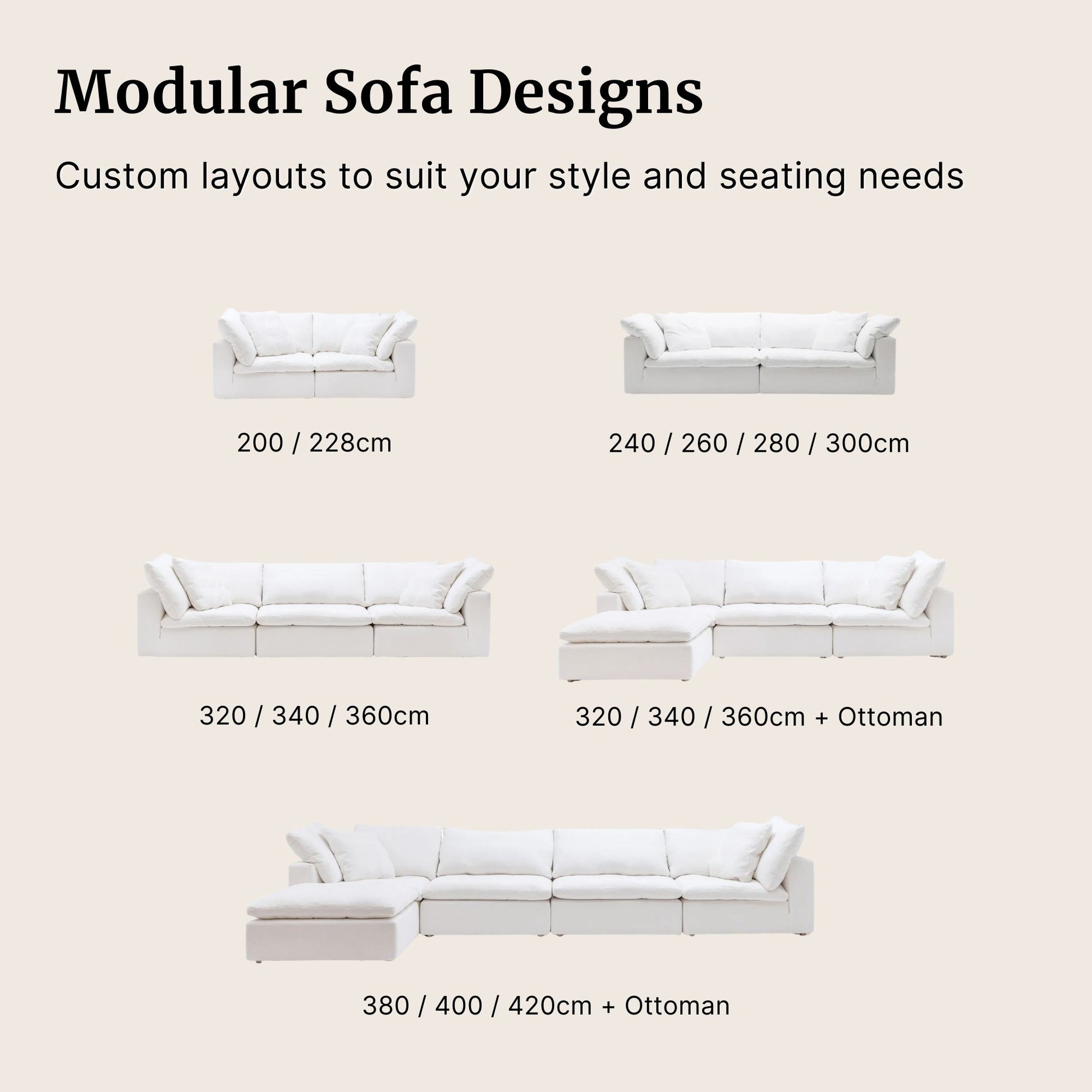Available modular sofa designs for cloud sofa shown in white fabric
