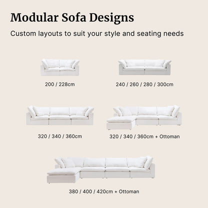 Available modular sofa designs for cloud sofa shown in white fabric