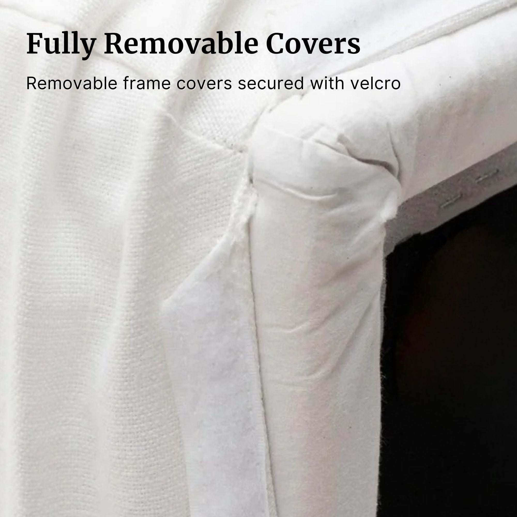 Fully removable frame covers via velcro show on white cloud fabric sofa