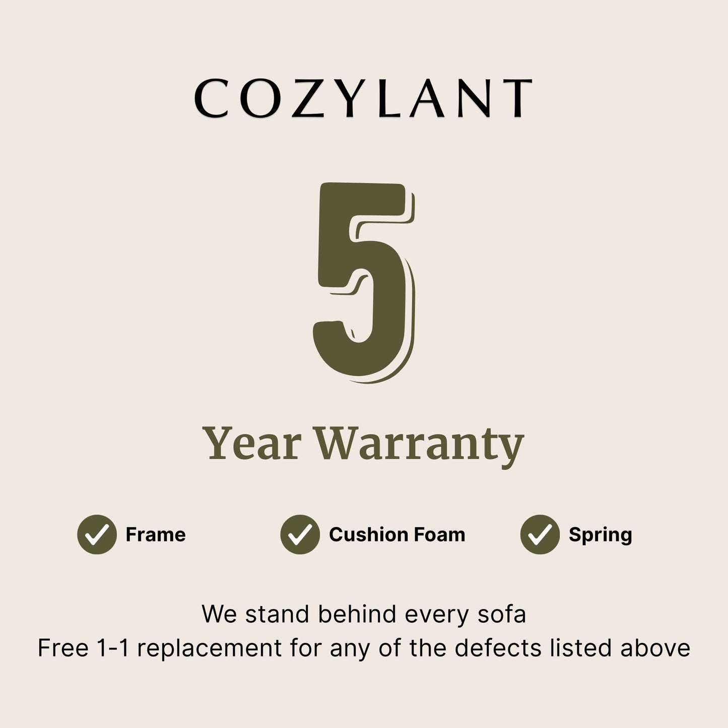 5 year warranty for frame, foam and spring for Cloud fabric sofa
