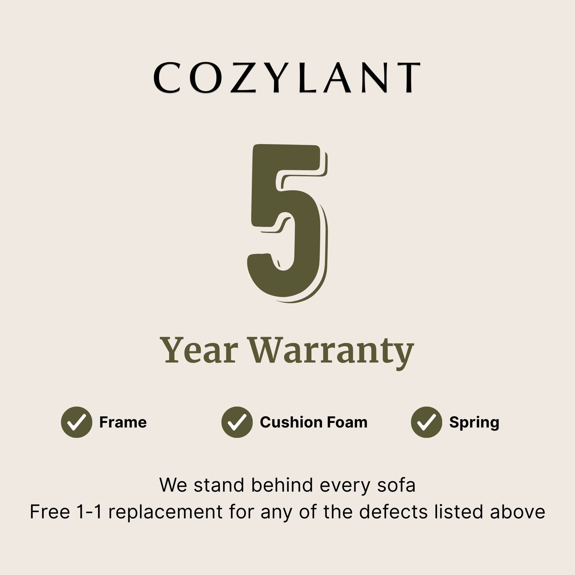 5 year warranty for frame, foam and spring for Cloud fabric sofa