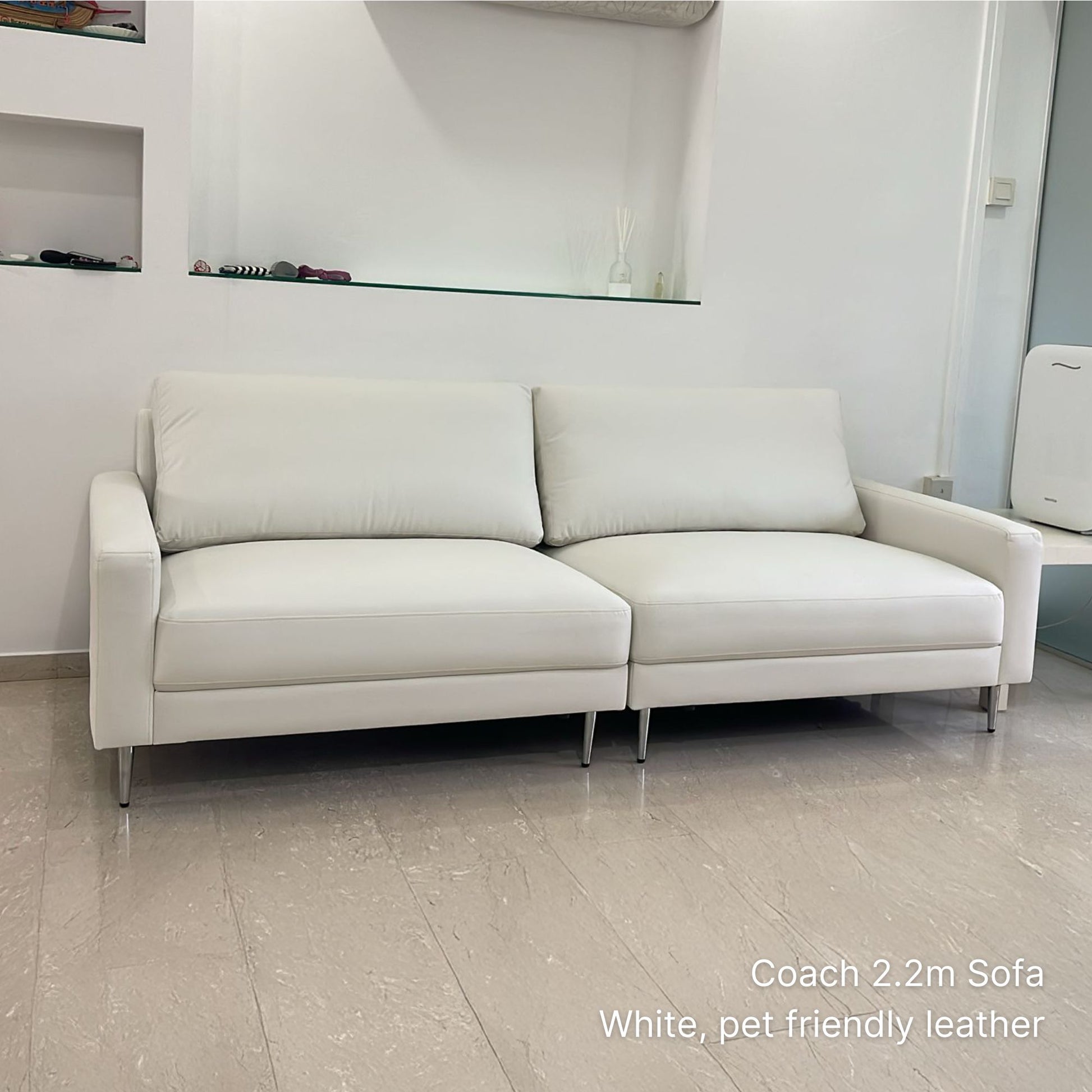 Delivered 3 seater Coach 220cm faux leather sofa in white pet friendly leather