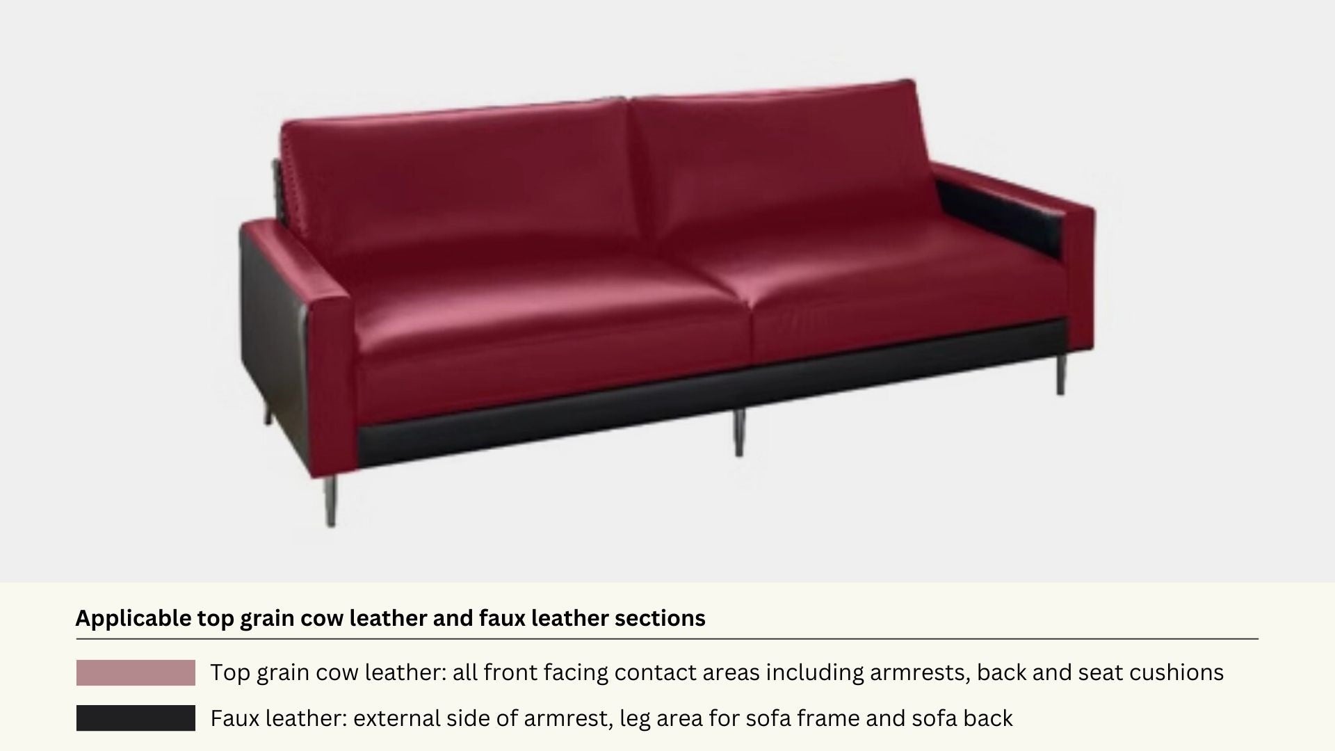 Faux leather and real leather components within a half leather sofa