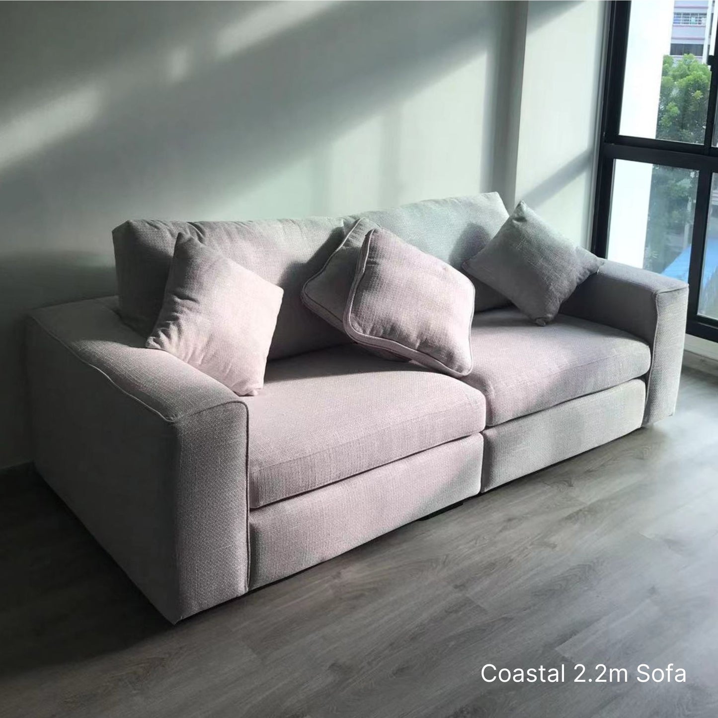 Gray 3 seater 220cm Coastal fabric sofa with cushions in a room with large windows.