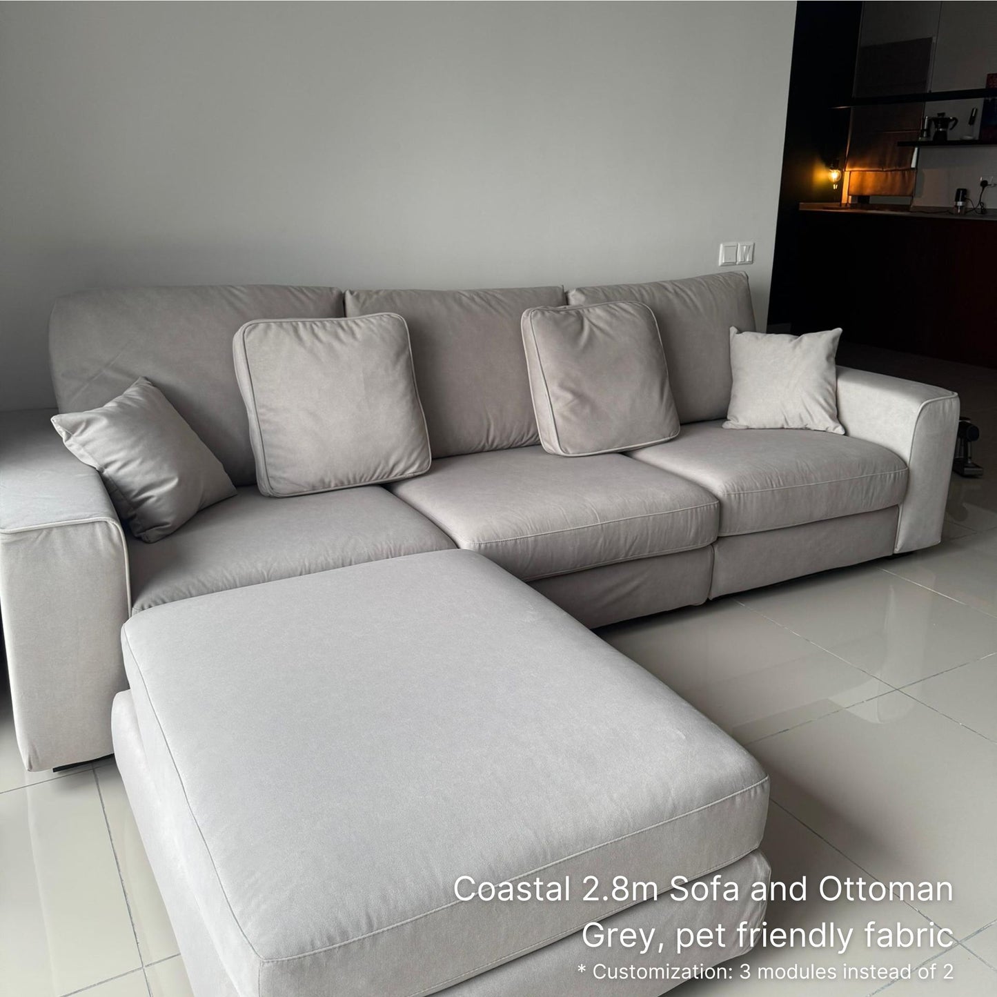 4 seater 280cm Coastal fabric sofa and ottoman in grey pet friendly fabric in living room