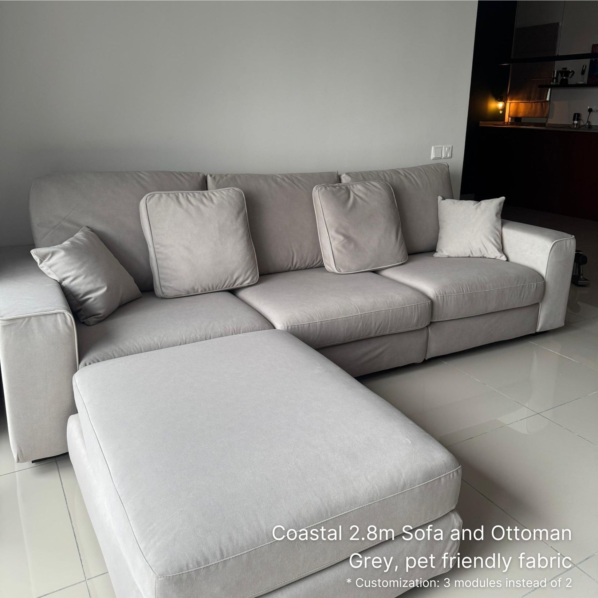 4 seater 280cm Coastal fabric sofa and ottoman in grey pet friendly fabric in living room