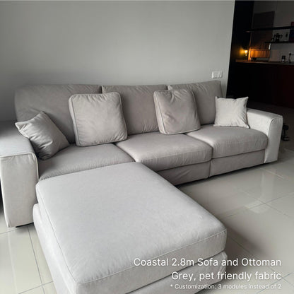 4 seater 280cm Coastal fabric sofa and ottoman in grey pet friendly fabric in living room