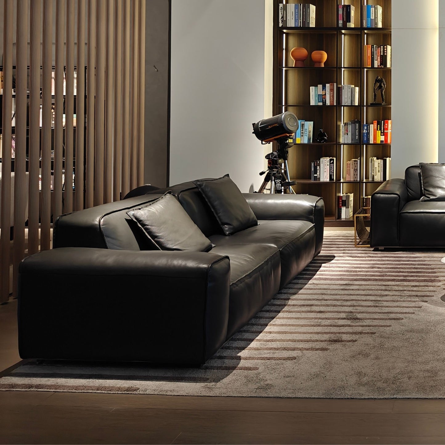 Modern living room with a black leather sofa and bookshelf.