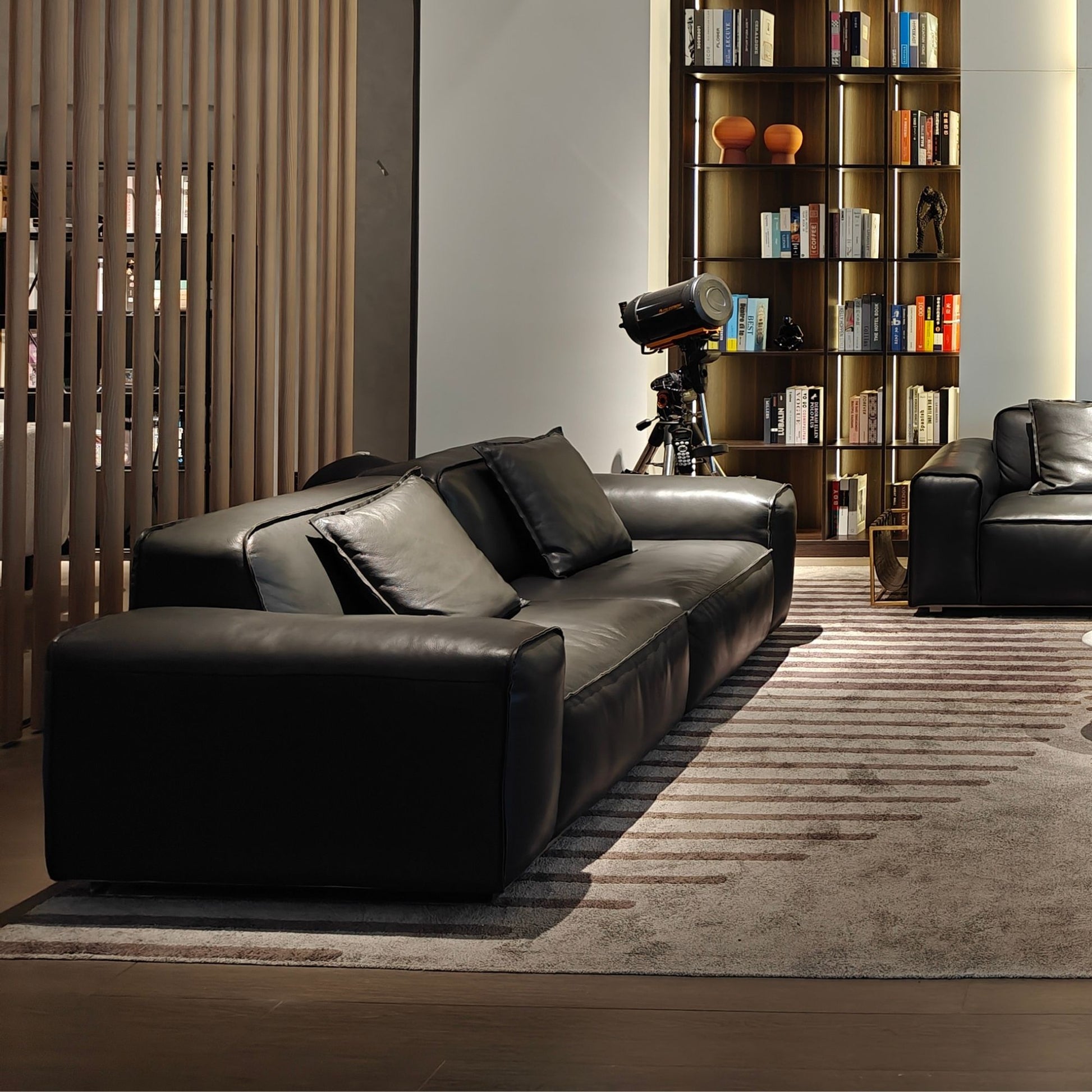 Modern living room with a black leather sofa and bookshelf.