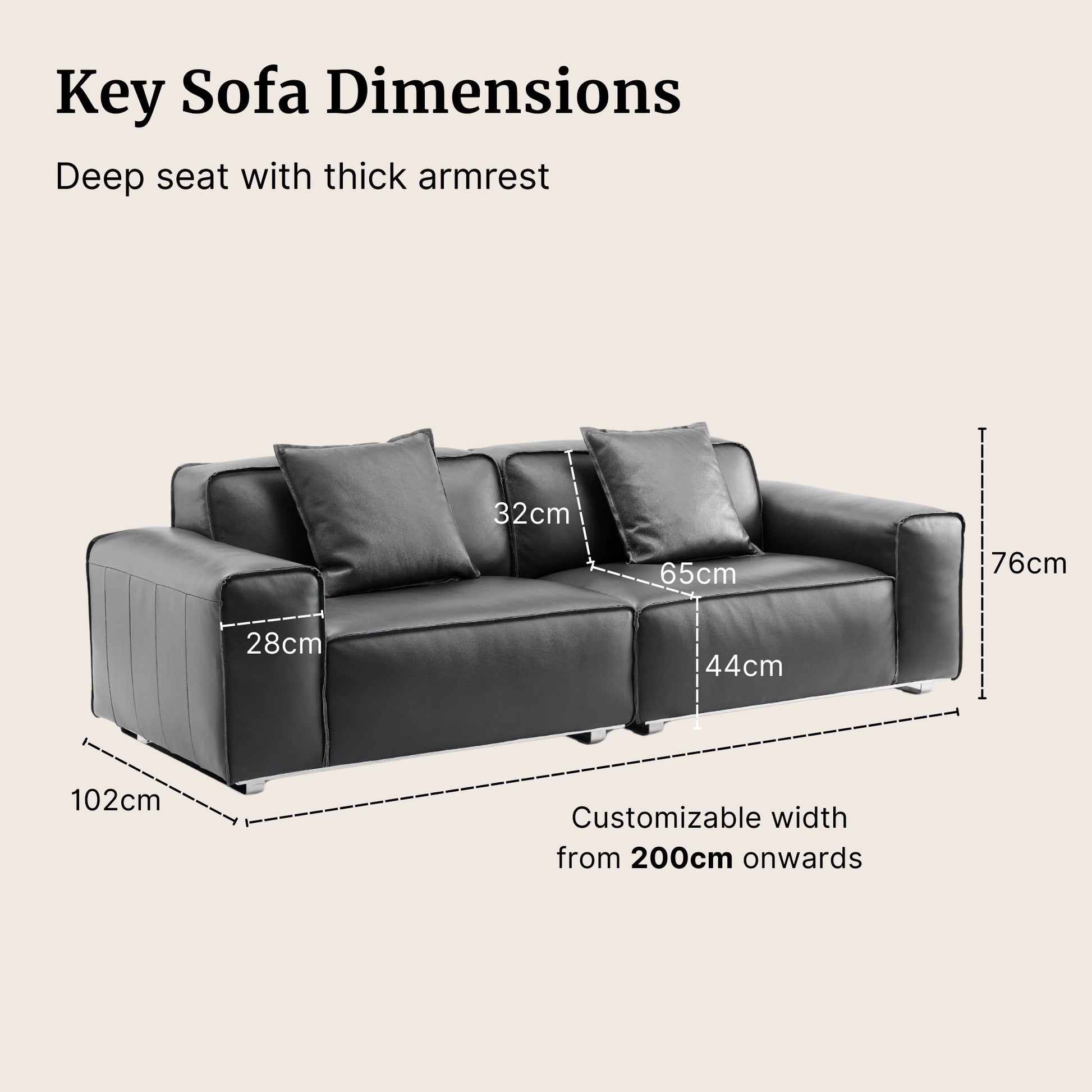 Black sofa with dimensions labeled on a beige background