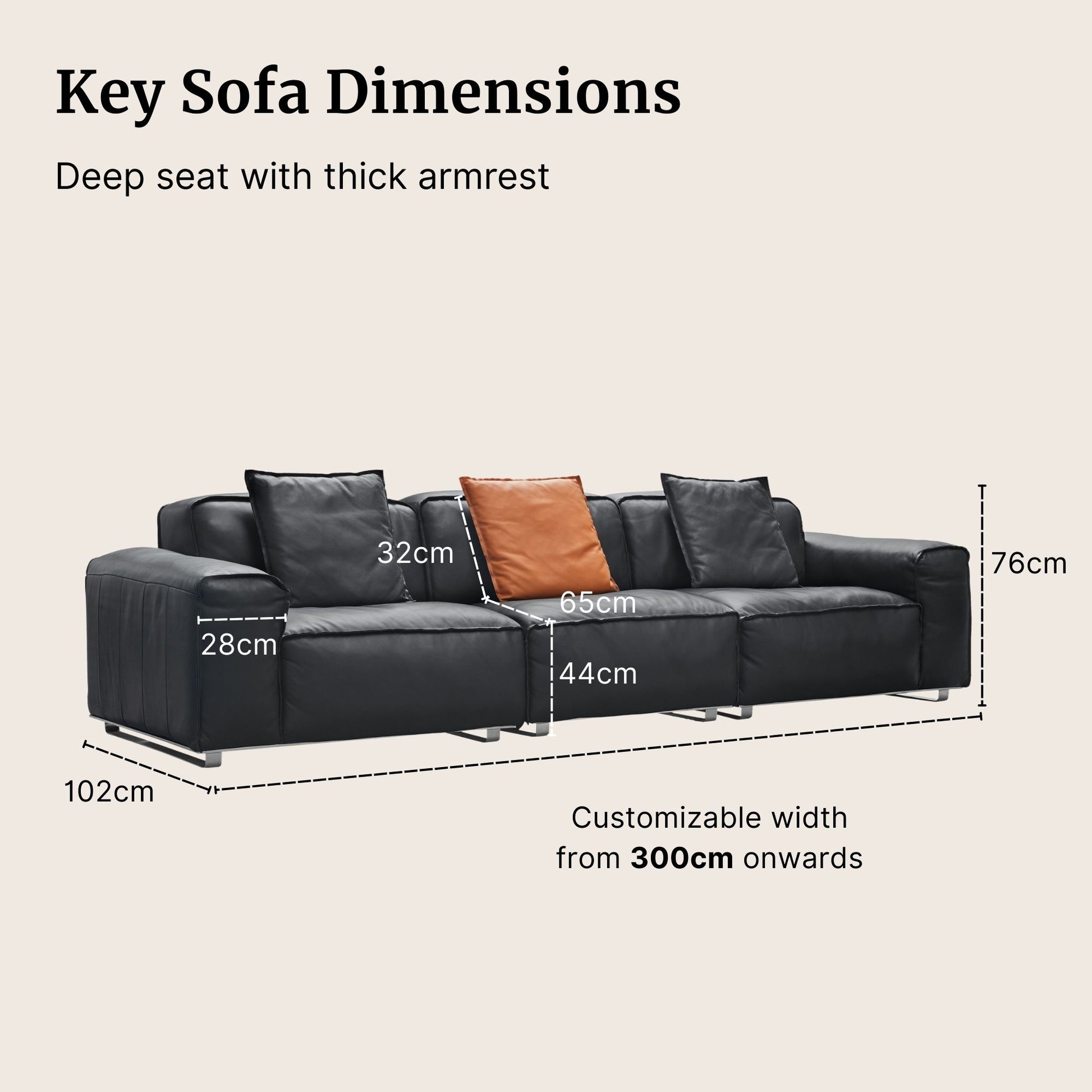 Black sofa with dimensions labeled on a beige background