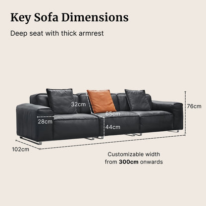 Black sofa with dimensions labeled on a beige background