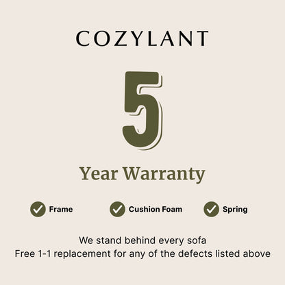 Cozylant 5-year warranty graphic with a beige background