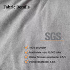 Gray fabric with SGS certification and fabric details on a gray background