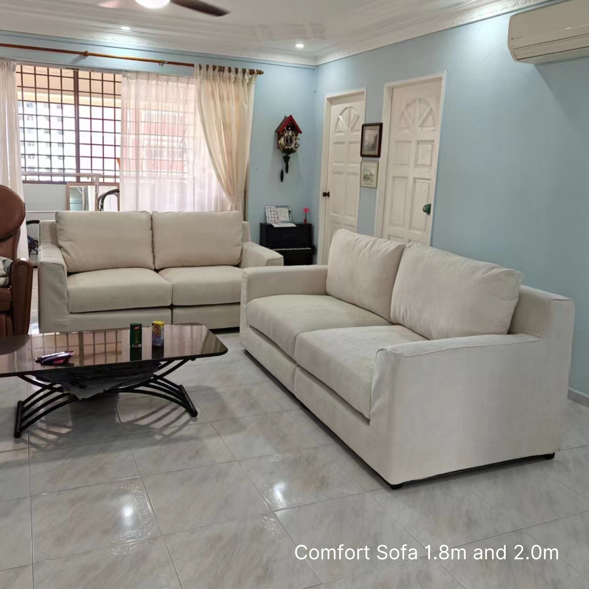 2 + 3 seater Comfort white fabric sofa sample in real homes