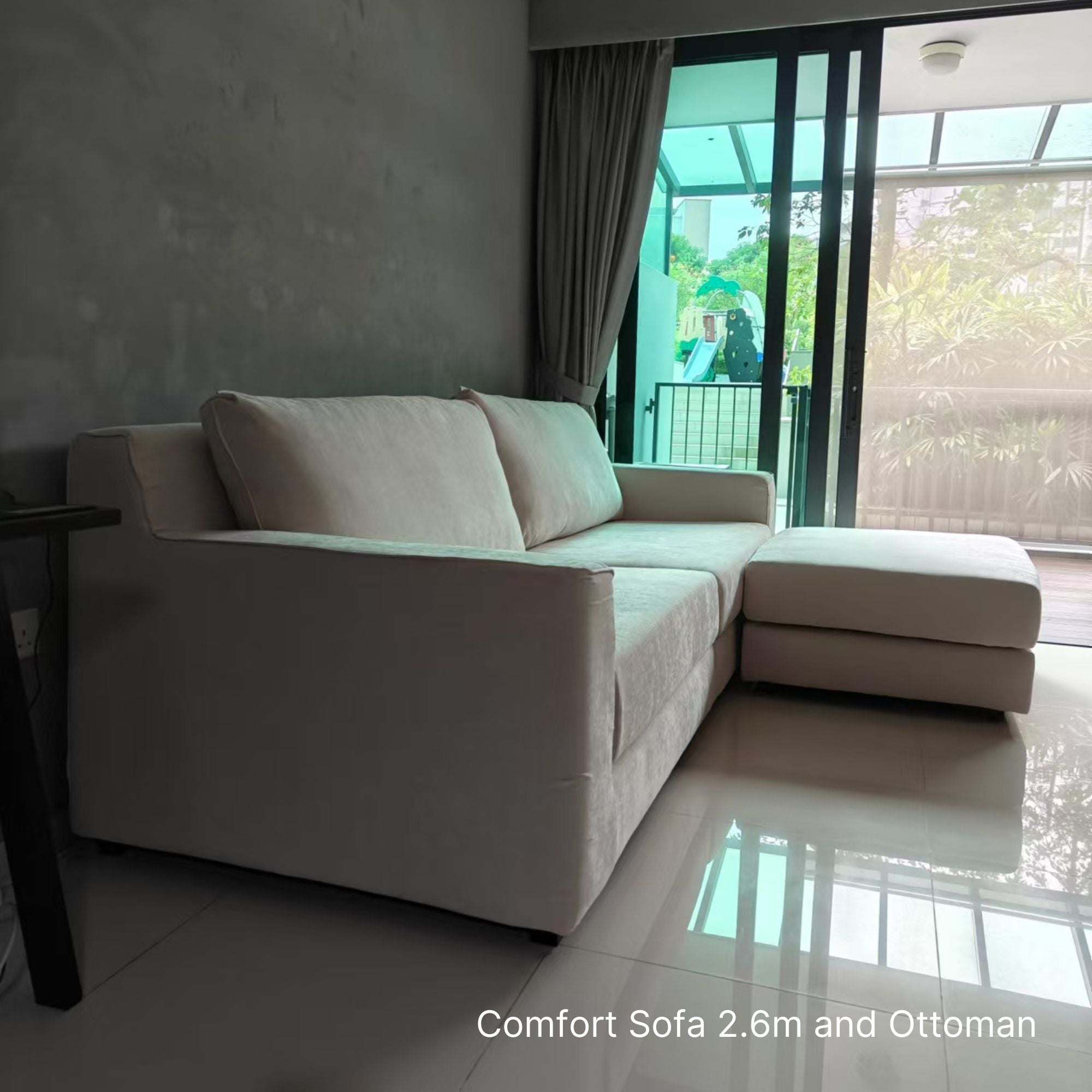 4 seater 260cm Comfort fabric sofa and matching ottoman in white