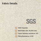 Textured fabric background with SGS certification and fabric details.