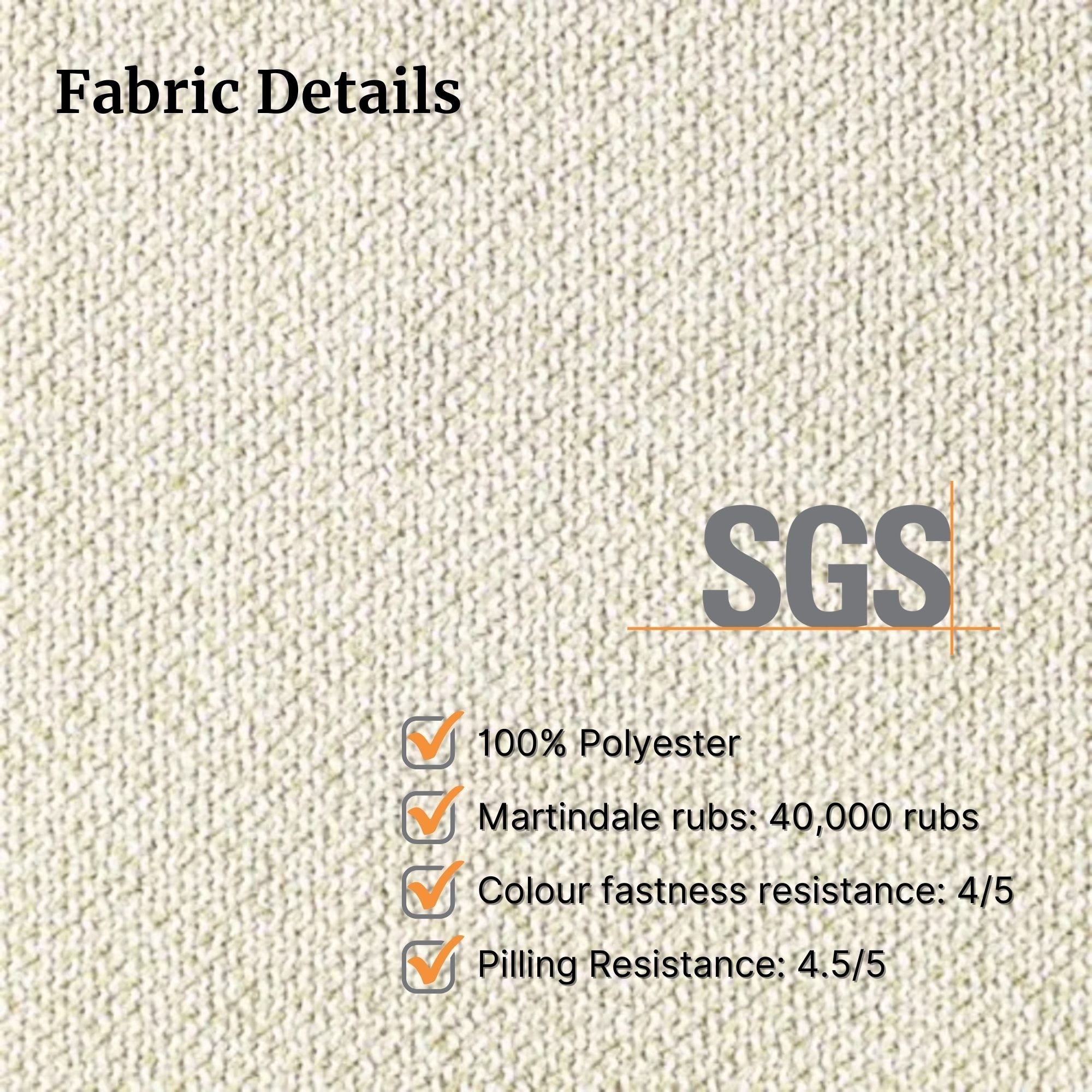 Textured fabric background with SGS certification and fabric details.