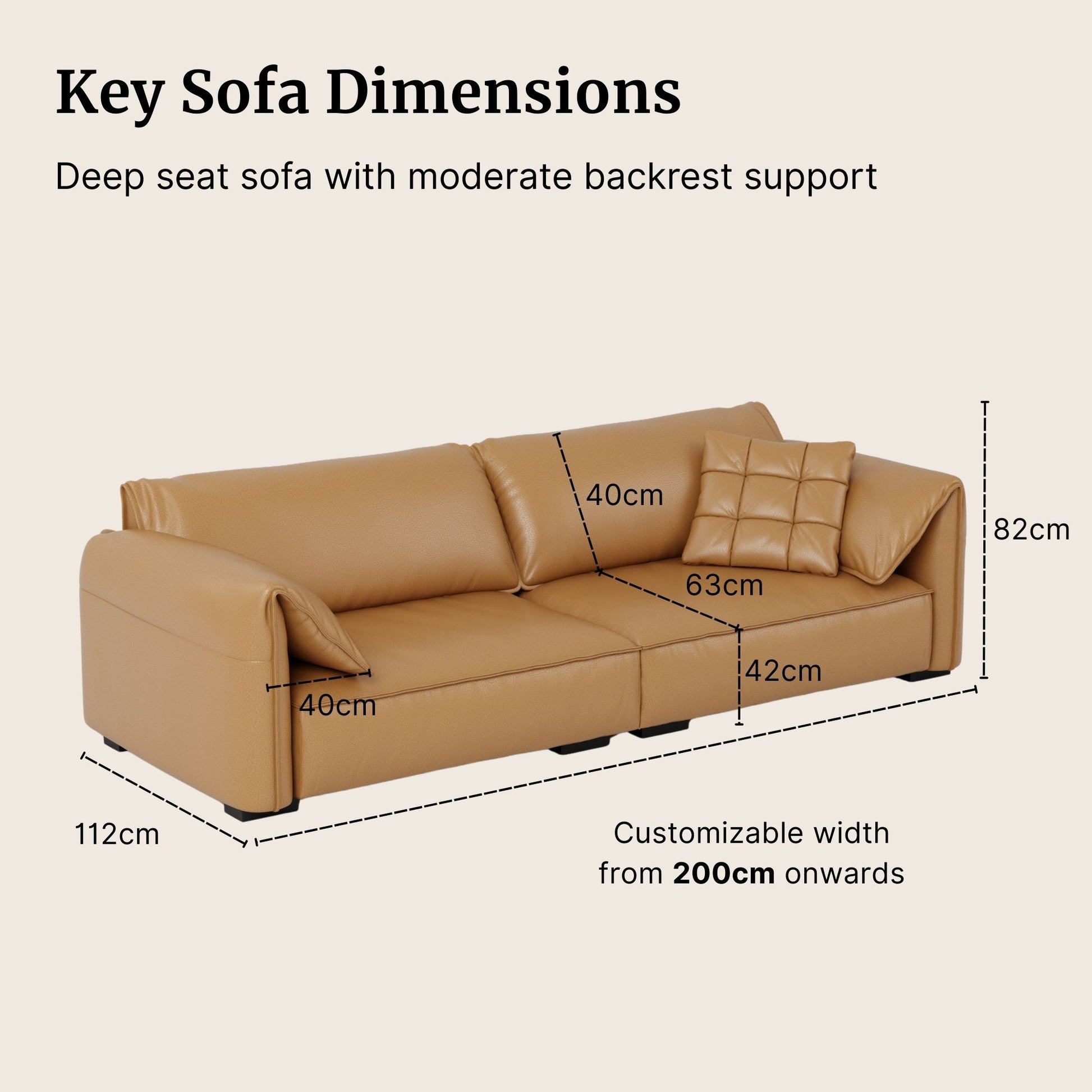 Brown sofa with dimensions labeled on a beige background