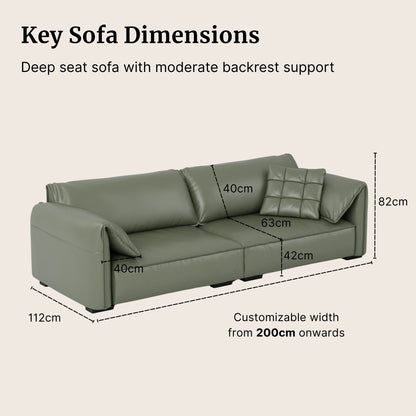 Green sofa with dimensions labeled on a beige background