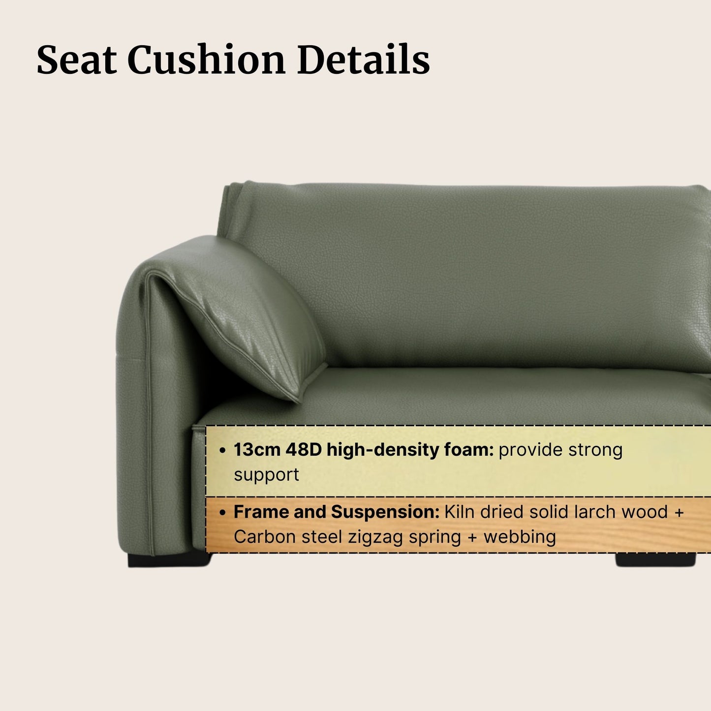 Green sofa with seat cushion details on a beige background