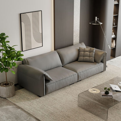 Gray sofa in a modern living room with a plant and coffee table.
