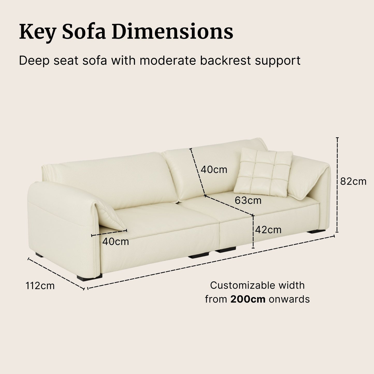 White sofa with dimensions labeled on a beige background