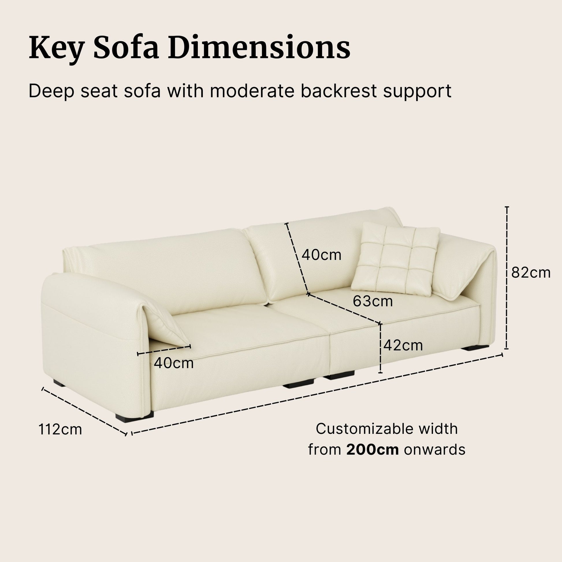 White sofa with dimensions labeled on a beige background