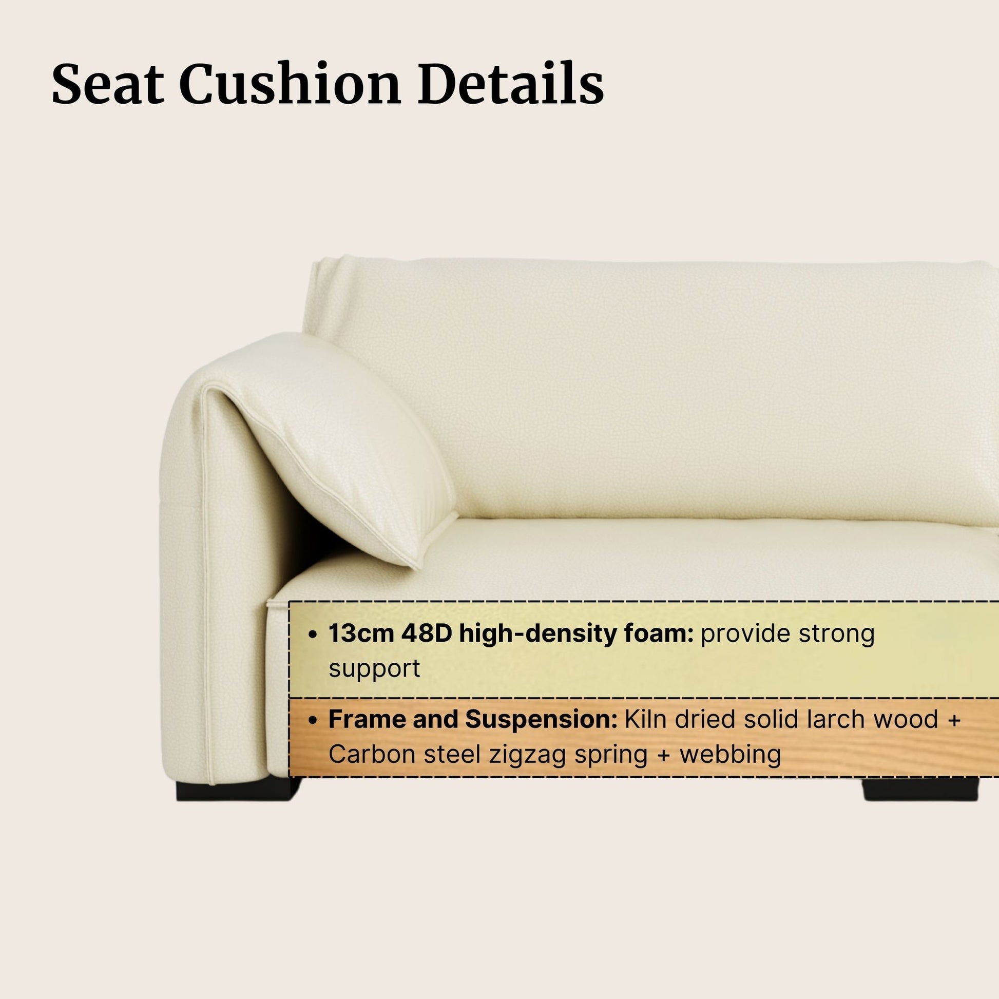 Seat cushion with detailed specifications on a white background