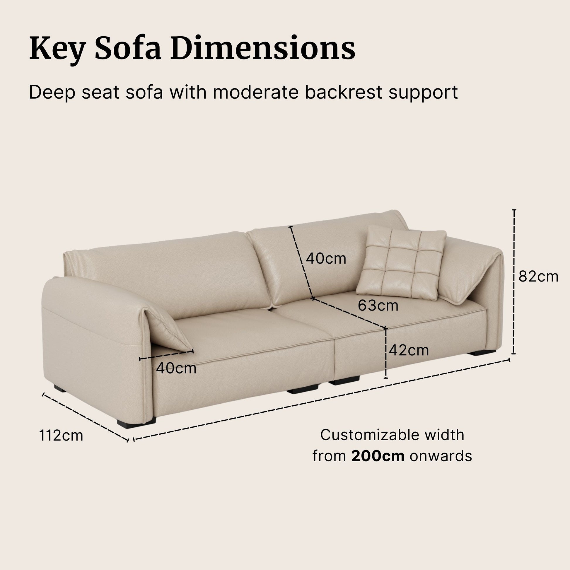Beige half leather comfy sofa with key dimensions such as seat height, backrest height and depth labelled on a light beige background
