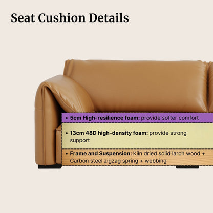 Brown leather sofa with seat cushion details on a beige background