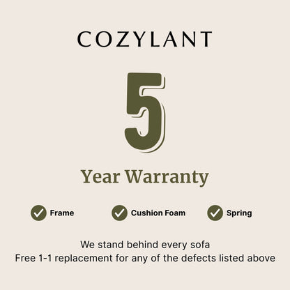 Cozylant 5 year warranty graphic on beige background