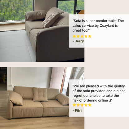 Beige sofas with customer reviews displayed on a light background