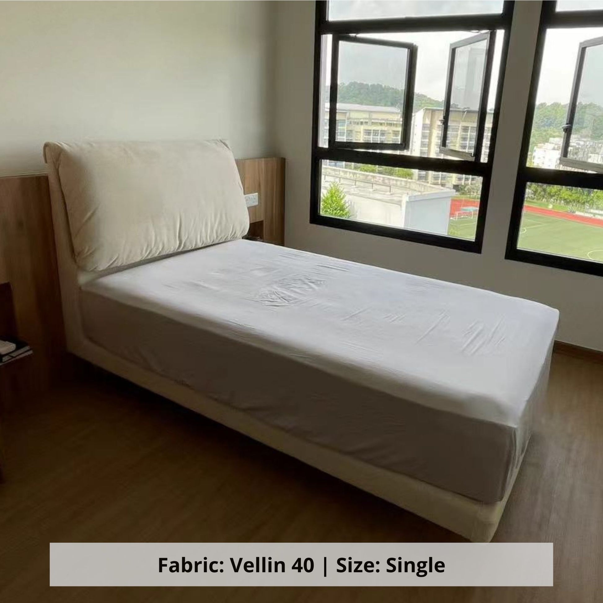 Comfy single size bed frame in vellin 40 beige fabric sample (Other)