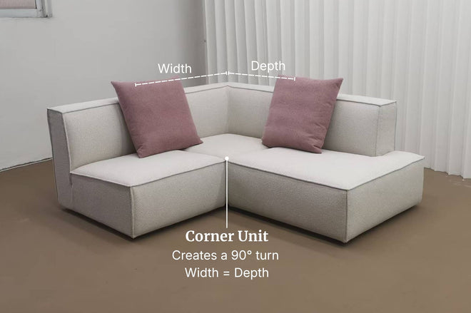 Corner unit illustration on a cubix corner sofa in beige boucle fabric