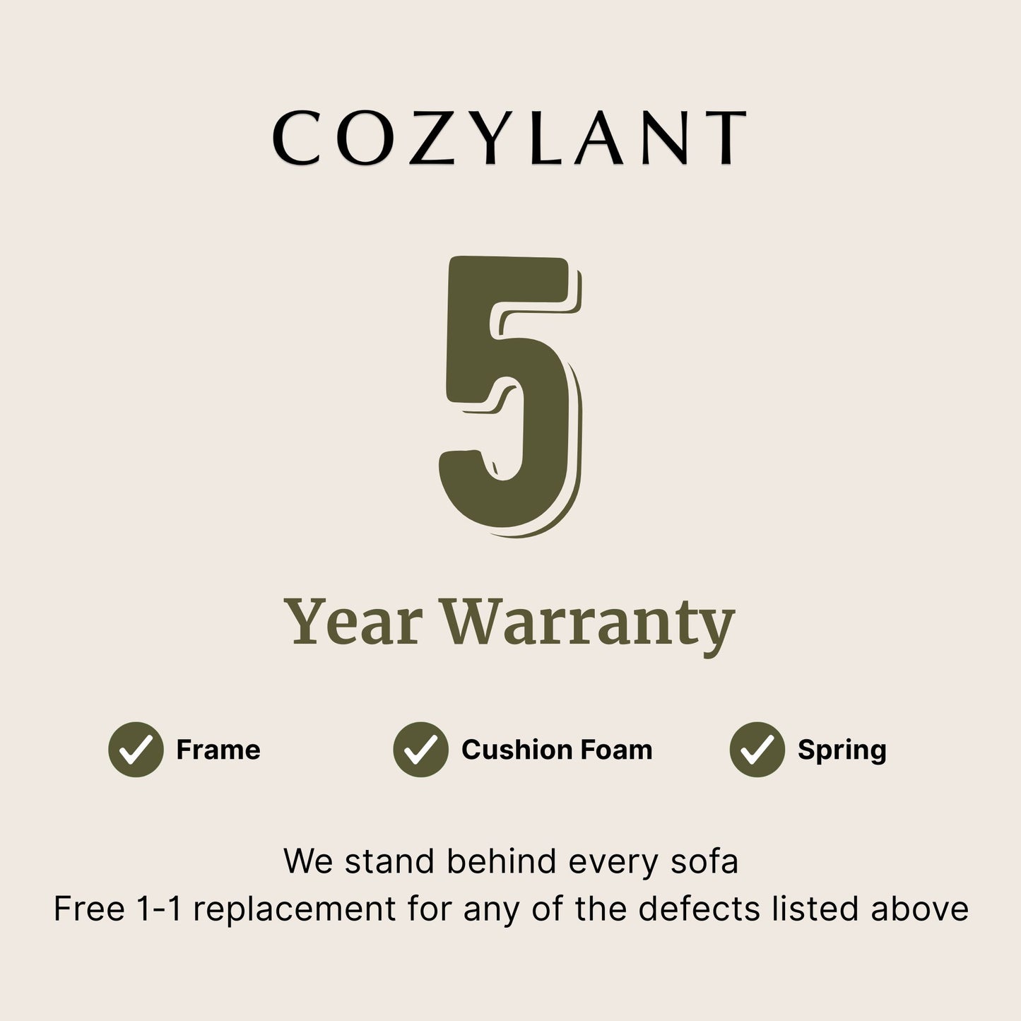 Cozylant 5-year warranty graphic with a beige background
