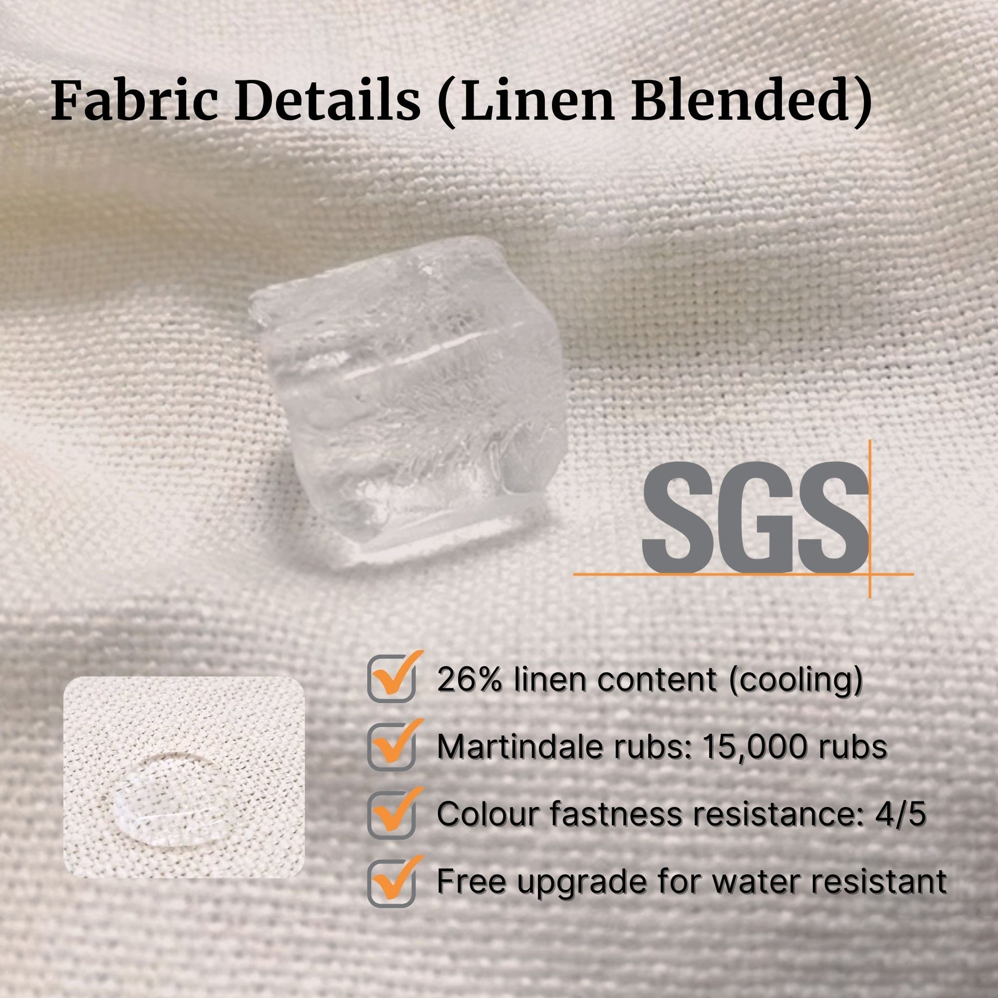 Fabric details of linen blended material with SGS certification on a textured fabric background.