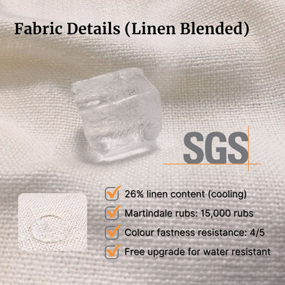 Fabric details of linen blended material with SGS certification on a textured fabric background.