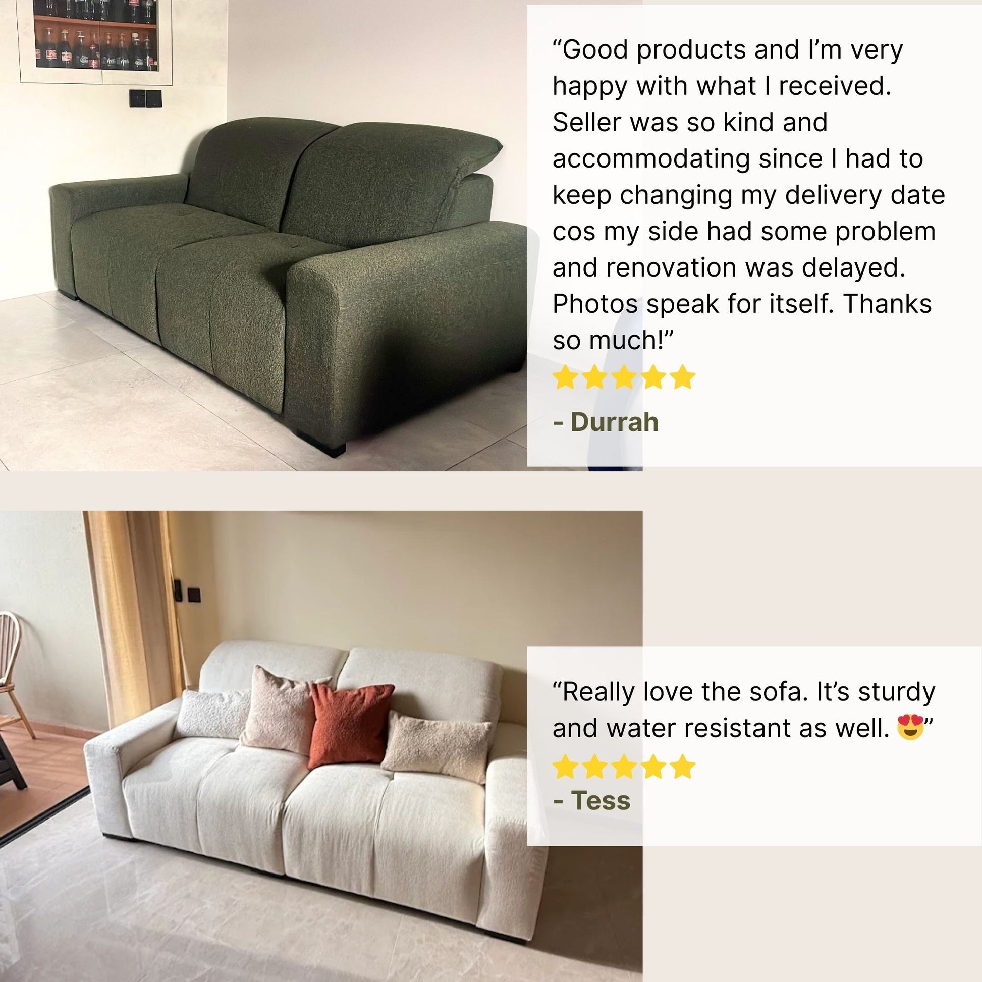 Two images of sofas with customer reviews displayed.