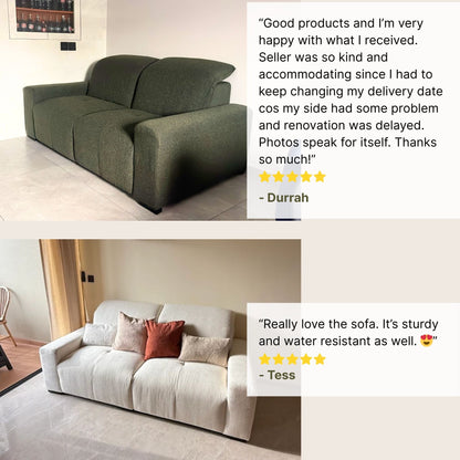 Two images of sofas with customer reviews displayed.