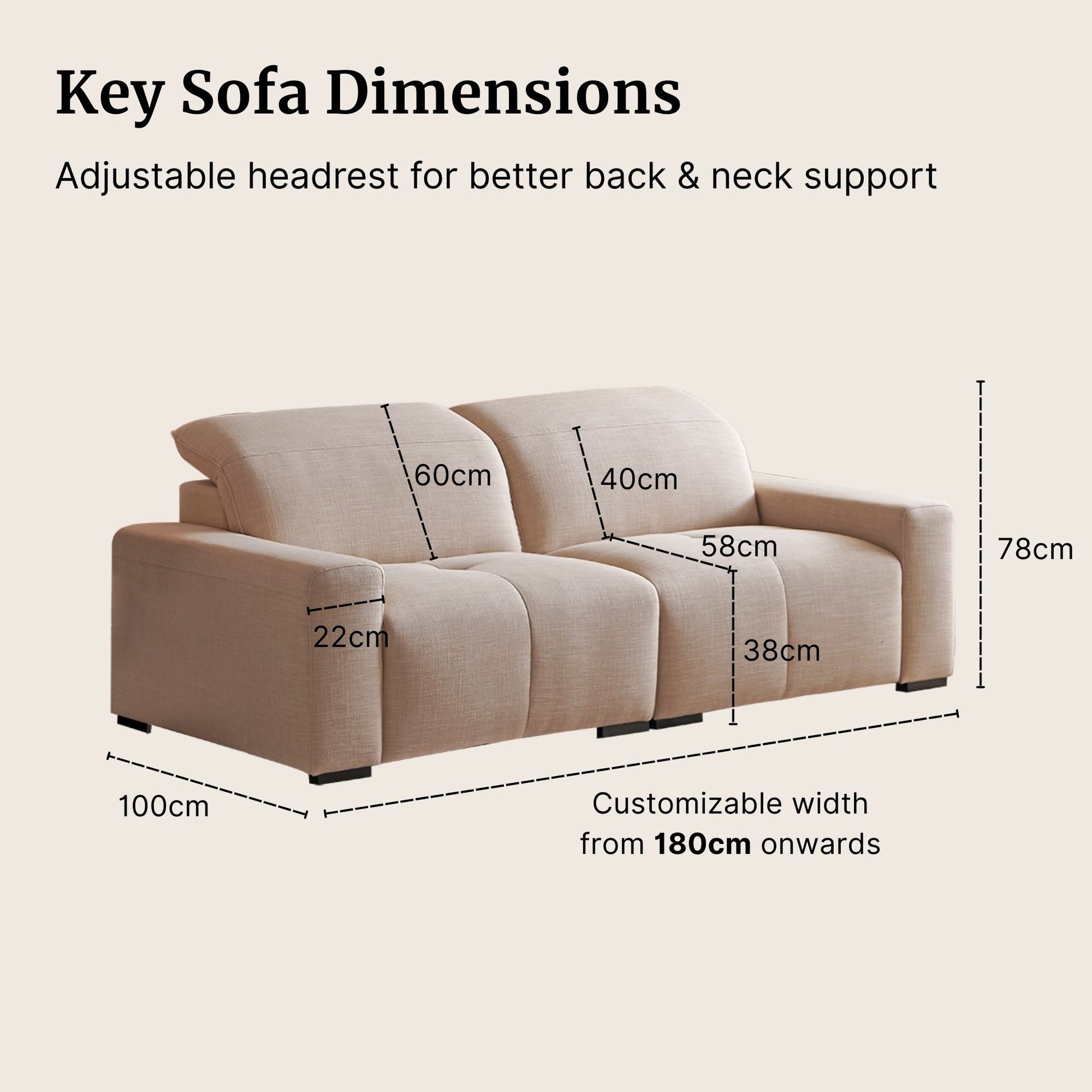 Beige sofa with dimensions labeled on a beige background